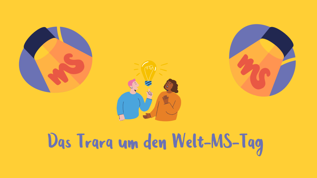 gelber Hintergrund, Illustration: Mann unter Scheinwerferlicht erklärt frau etwas,Text: Das Trara um den Welt-MS-Tag