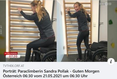 Screenshot ORF: Porträt der von MS betroffenen Paraclimberin Sandra Pollack anlässlich des Welt-MS-Tages in 